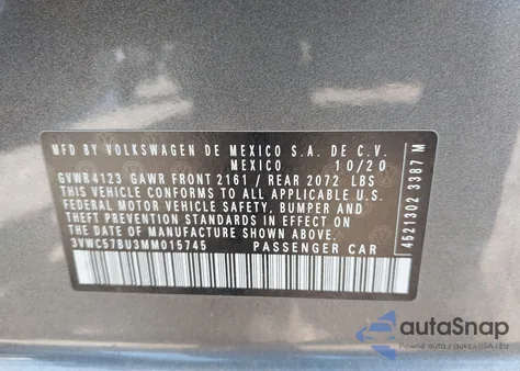 2021 Volkswagen Jetta 1.4T R-Line/1.4T S/1.4T Se z USA, uszkodzony, nr VIN 3VWC57BU3MM015745